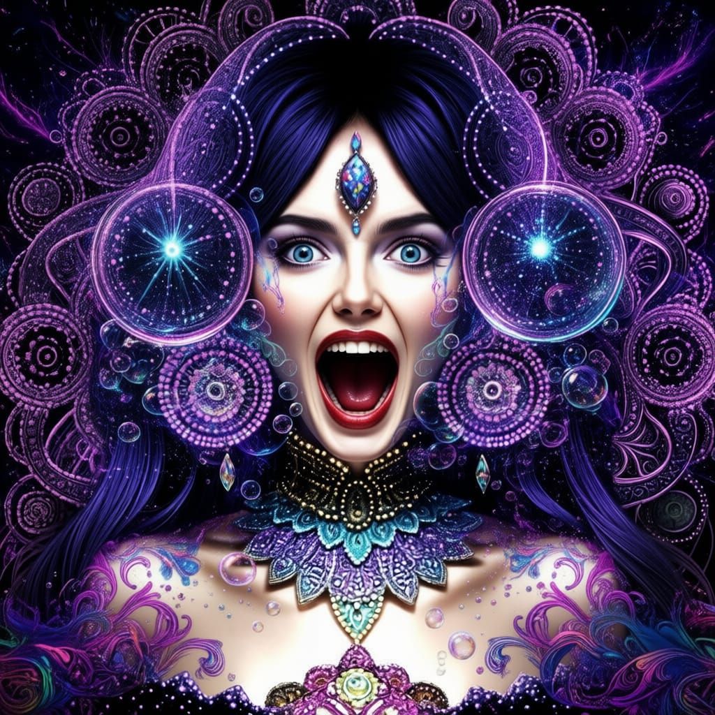 Surreal Portrait of a Screaming Woman Amidst Bubbles