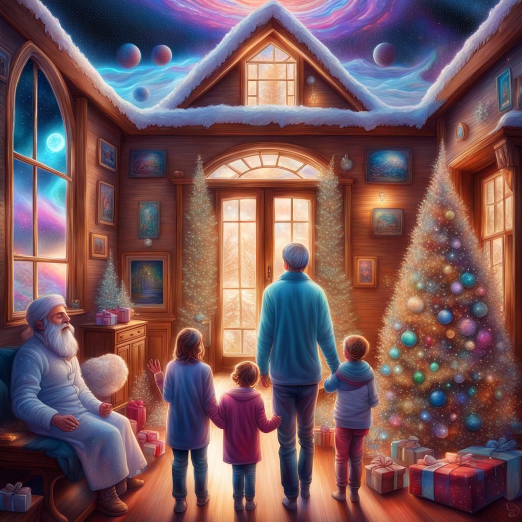 Family in Magical Christmas Home: Astral Illustration