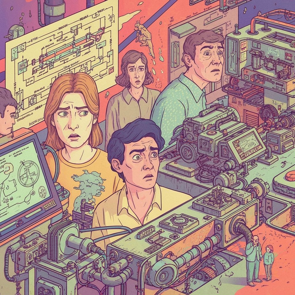 Surreal Illustration of Puzzled People and Cryptic Diagrams