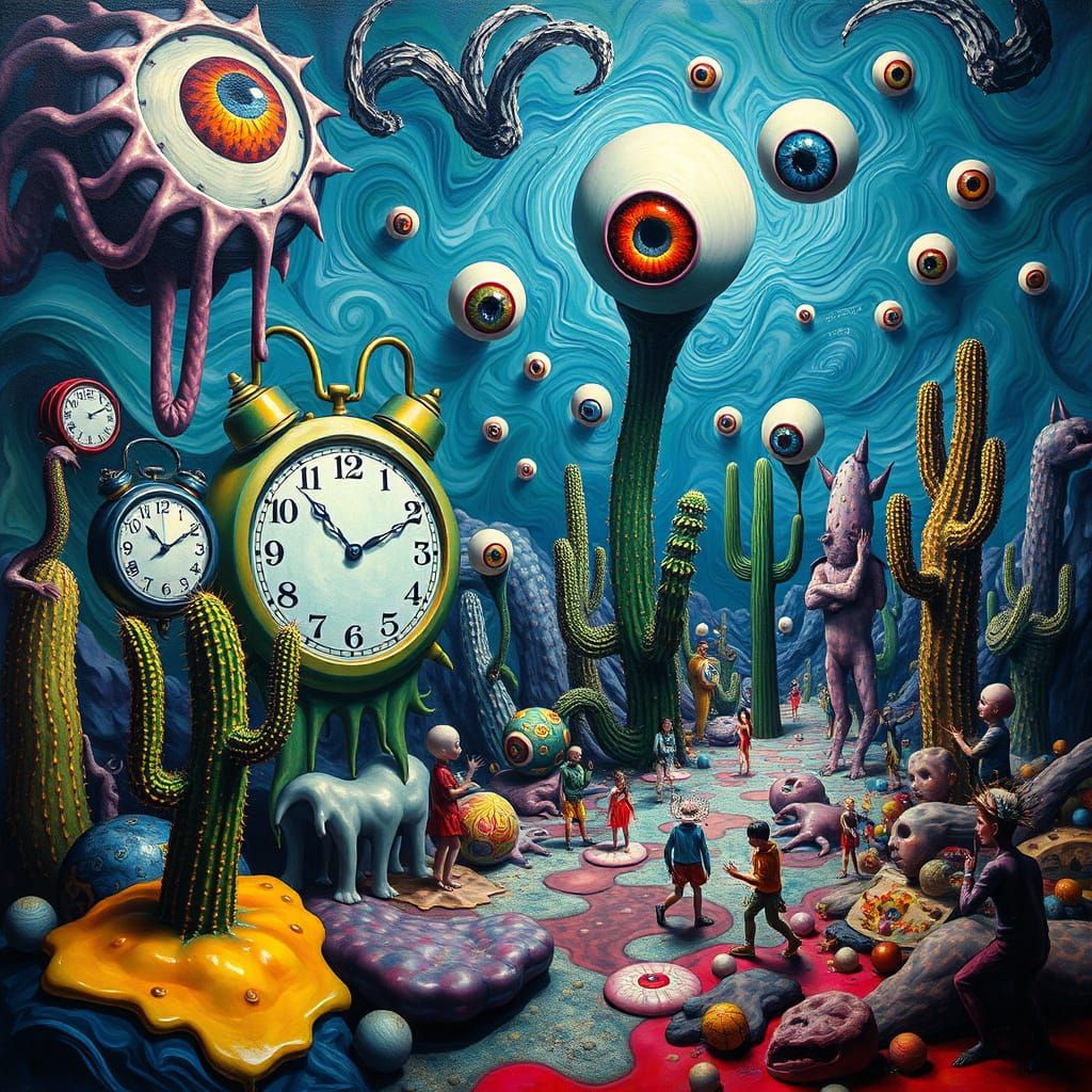 Surreal Melting Landscape with Psychedelic Figures