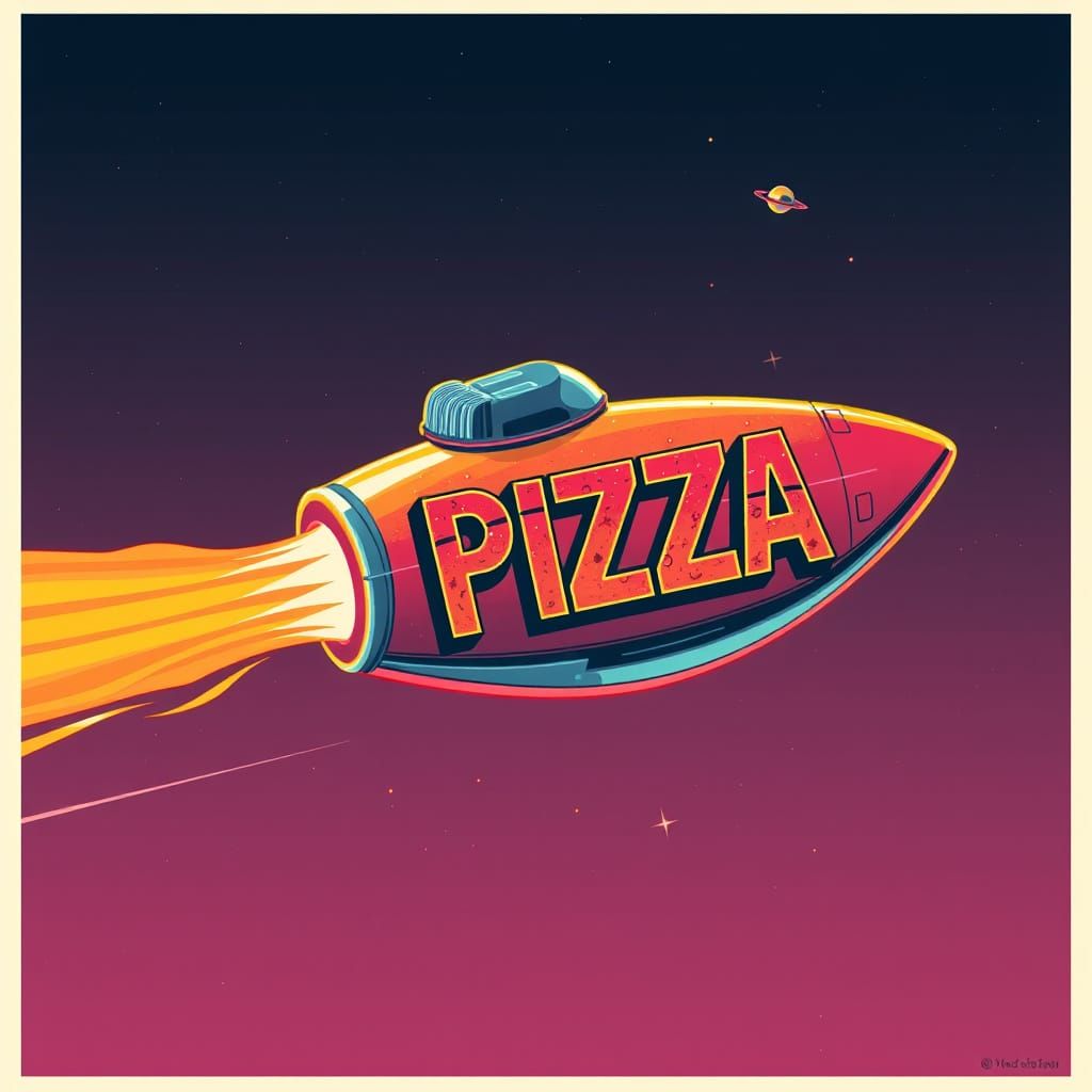 Vibrant Retro Sci-Fi Poster with Whimsical Pizza-Shaped Spac...