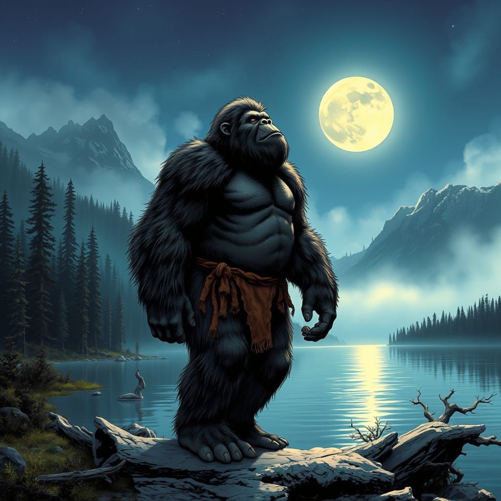 Bigfoot Gazing at Moon in Comic Book Style
