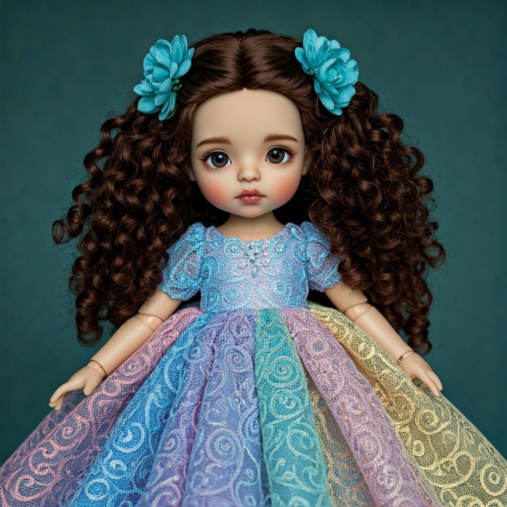 Whimsical Porcelain Doll in Iridescent Rainbow Lace