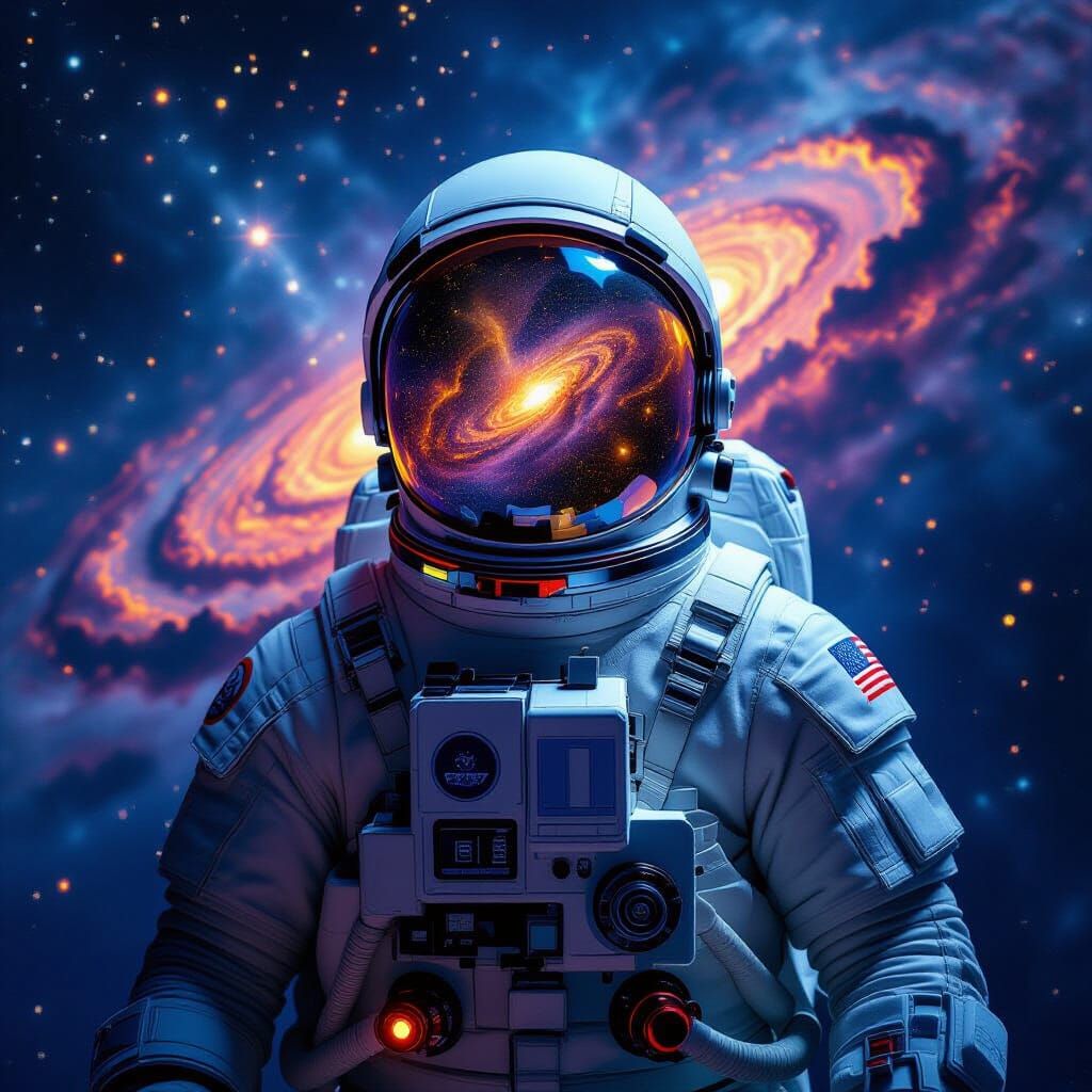 Astronaut in Damaged Suit Amidst Galactic Nebula
