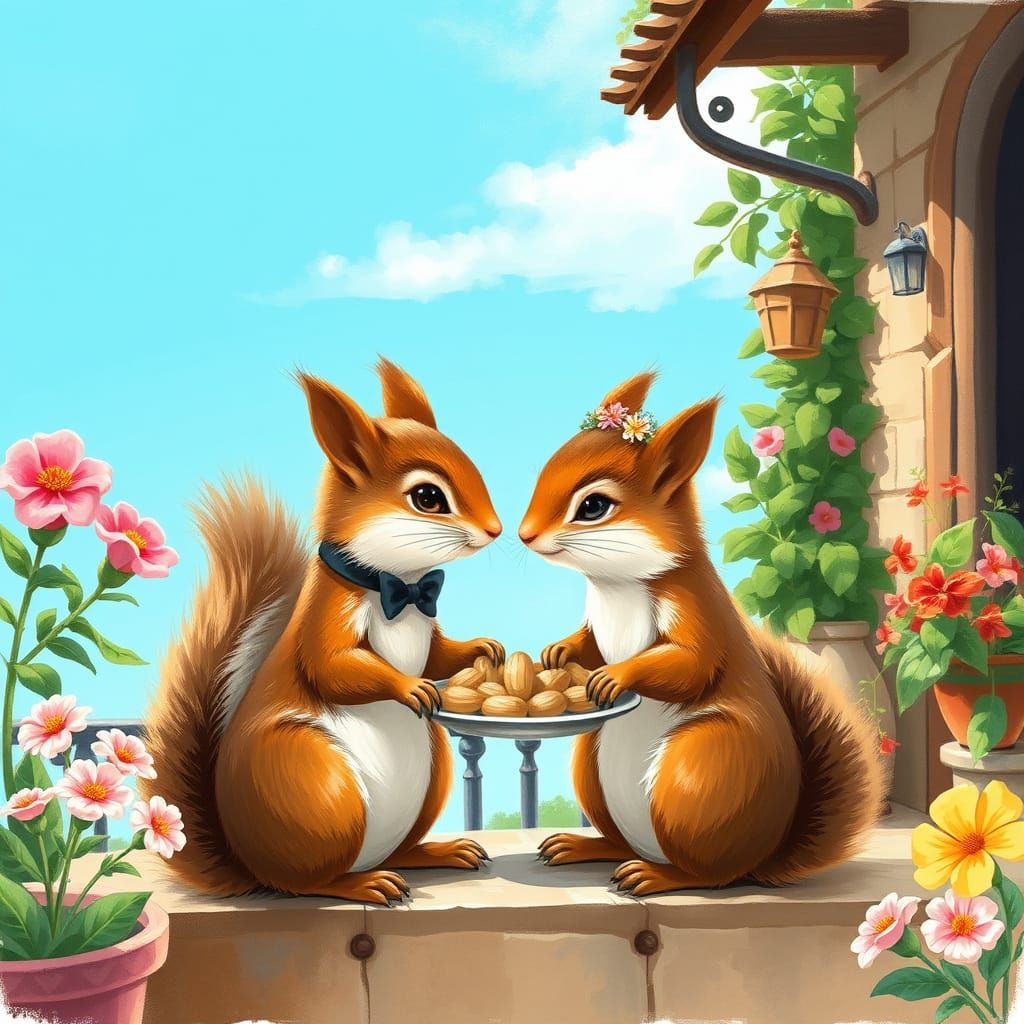 Whimsical Squirrels in Love on a Sunny Terrace