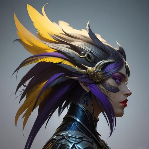Exotic Woman with Feathered Hair, Hyper-Realistic Illustrati...