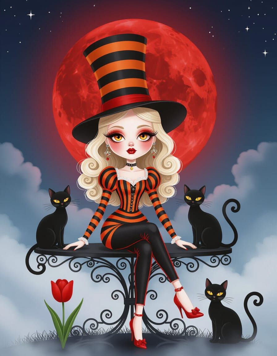 Doll-Like Character Under Blood Moon in Whimsical Fashion