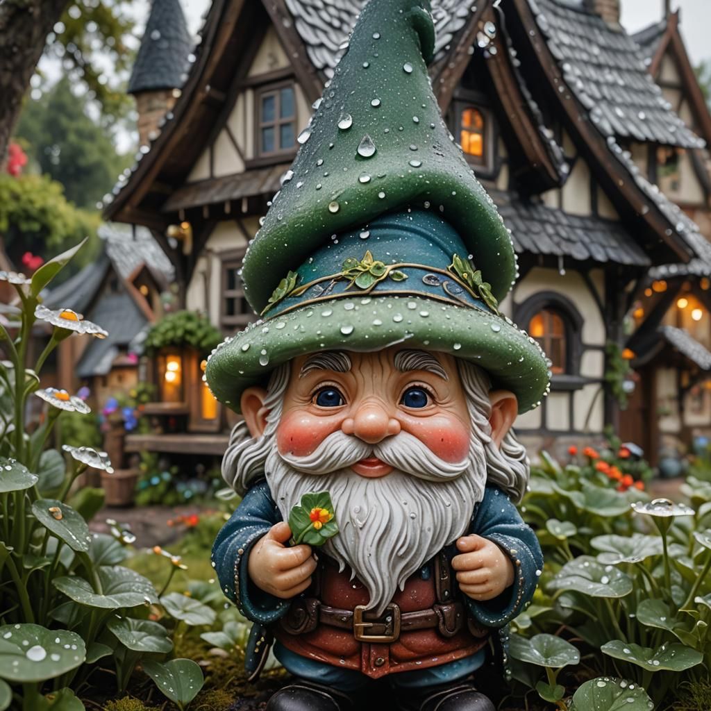 Dew-Covered Gnome at Intricately Crafted Cottage