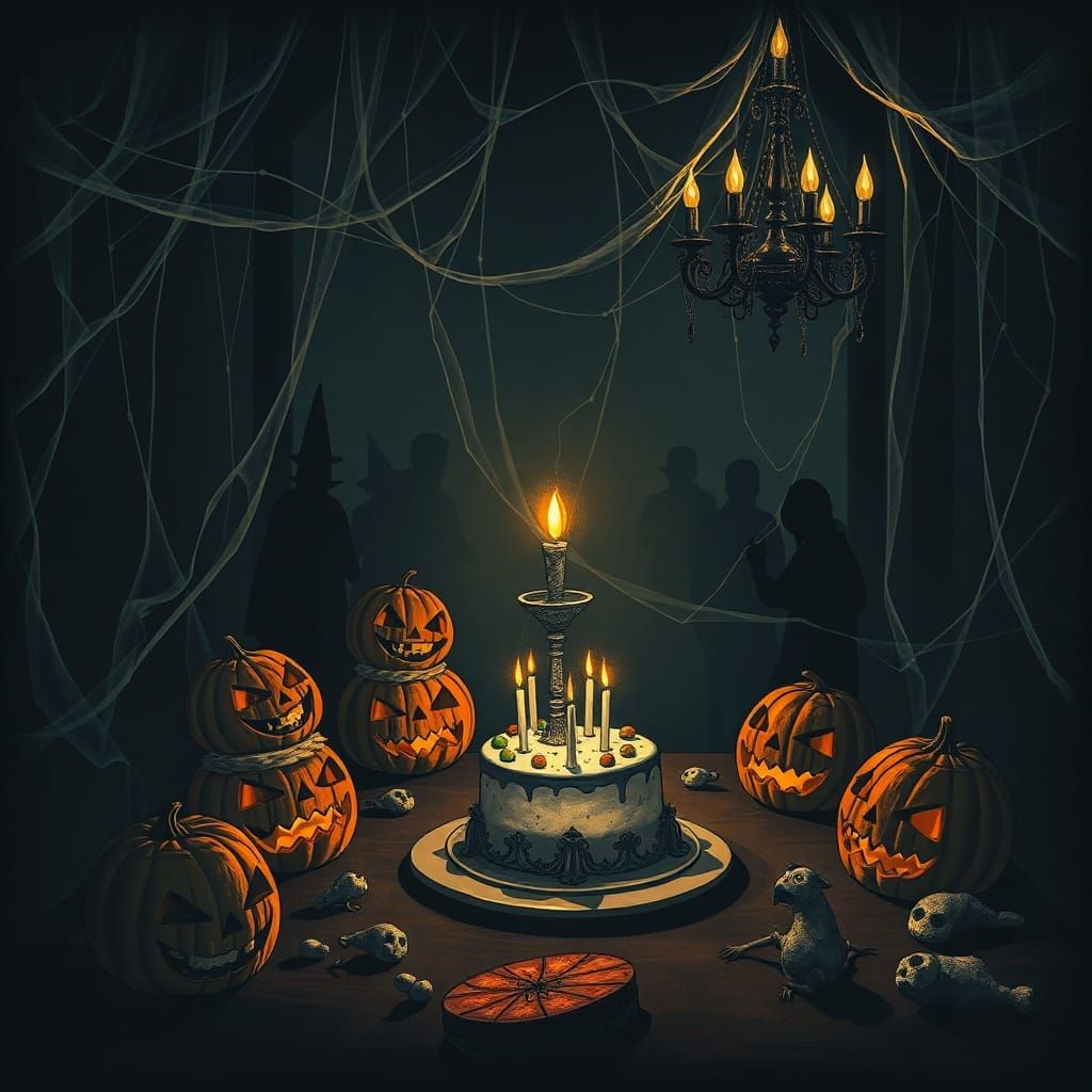 Spooky Birthday Party Illustration with Gothic Details