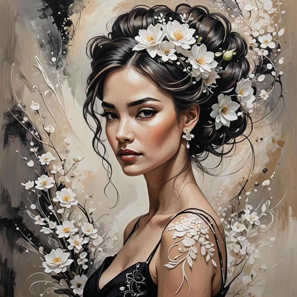 A captivating painting of a woman, with her hair styled in an intricate updo. She wears a strappy, backless black dress ...