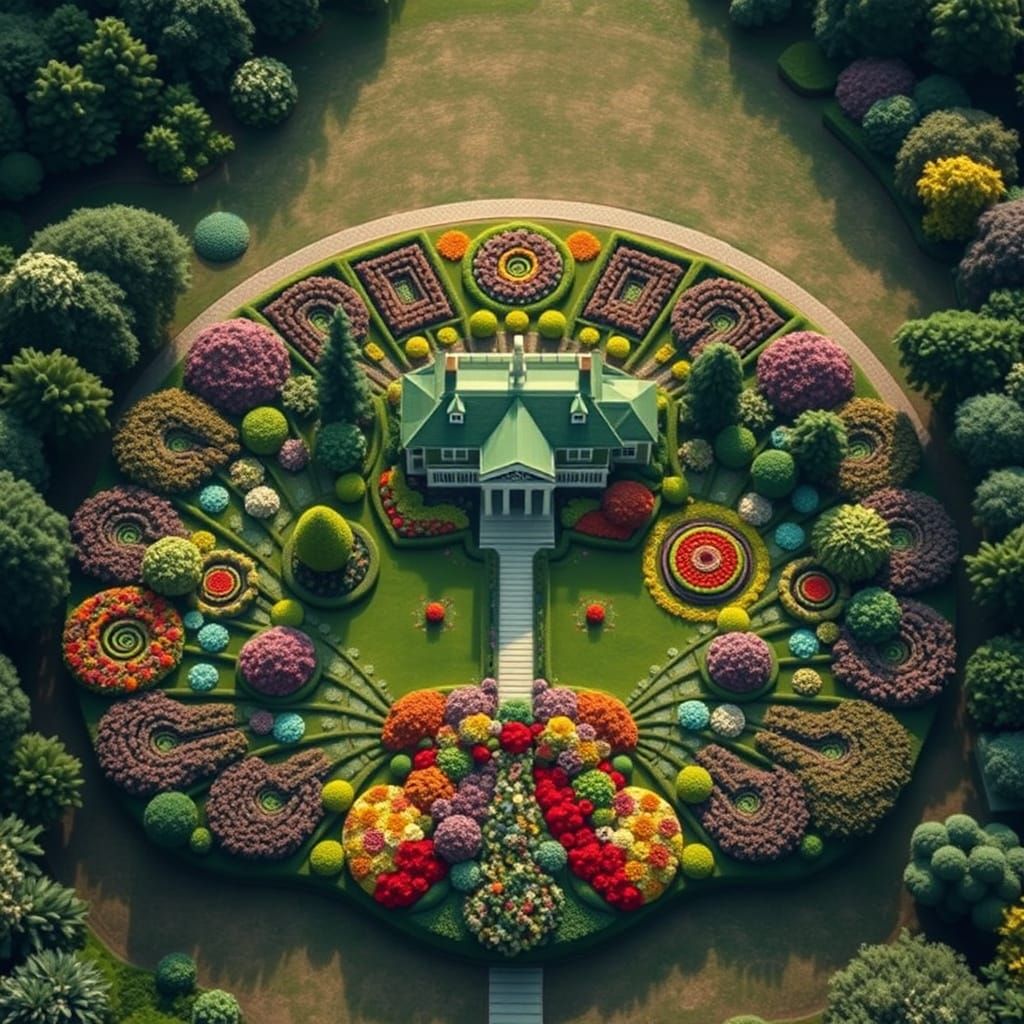 Peacock Estate: Aerial View of Lush Fantasy Landscape