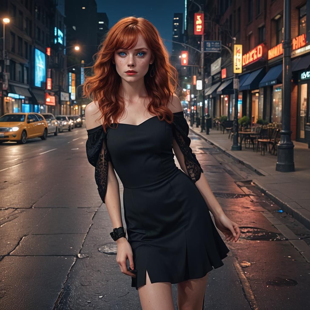 Red-Haired Woman in City at Night: Digital Art