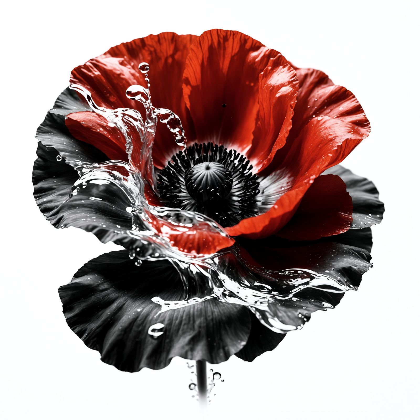 Monochromatic Double Exposure: Poppy and Flowing Water