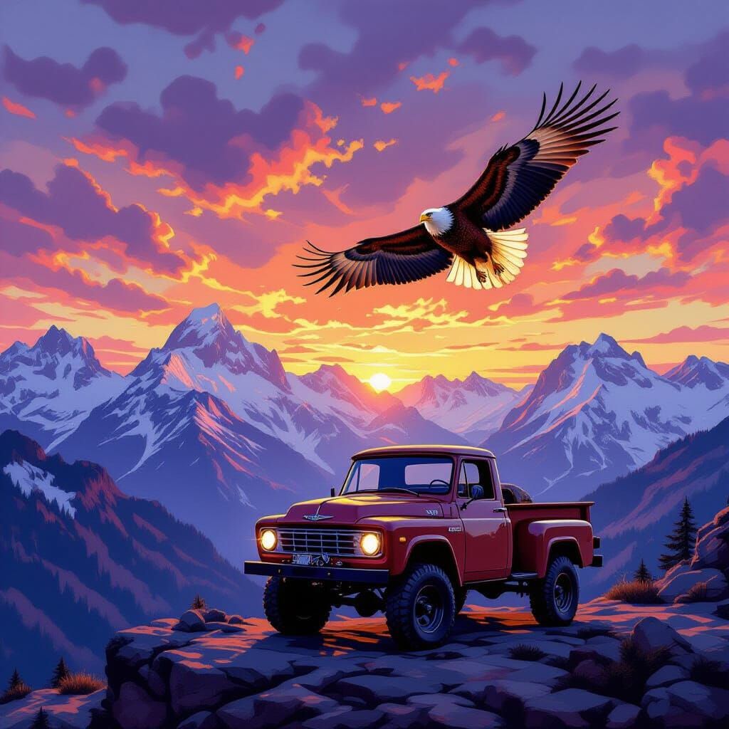 Majestic Eagle Over Snowy Mountains at Dawn