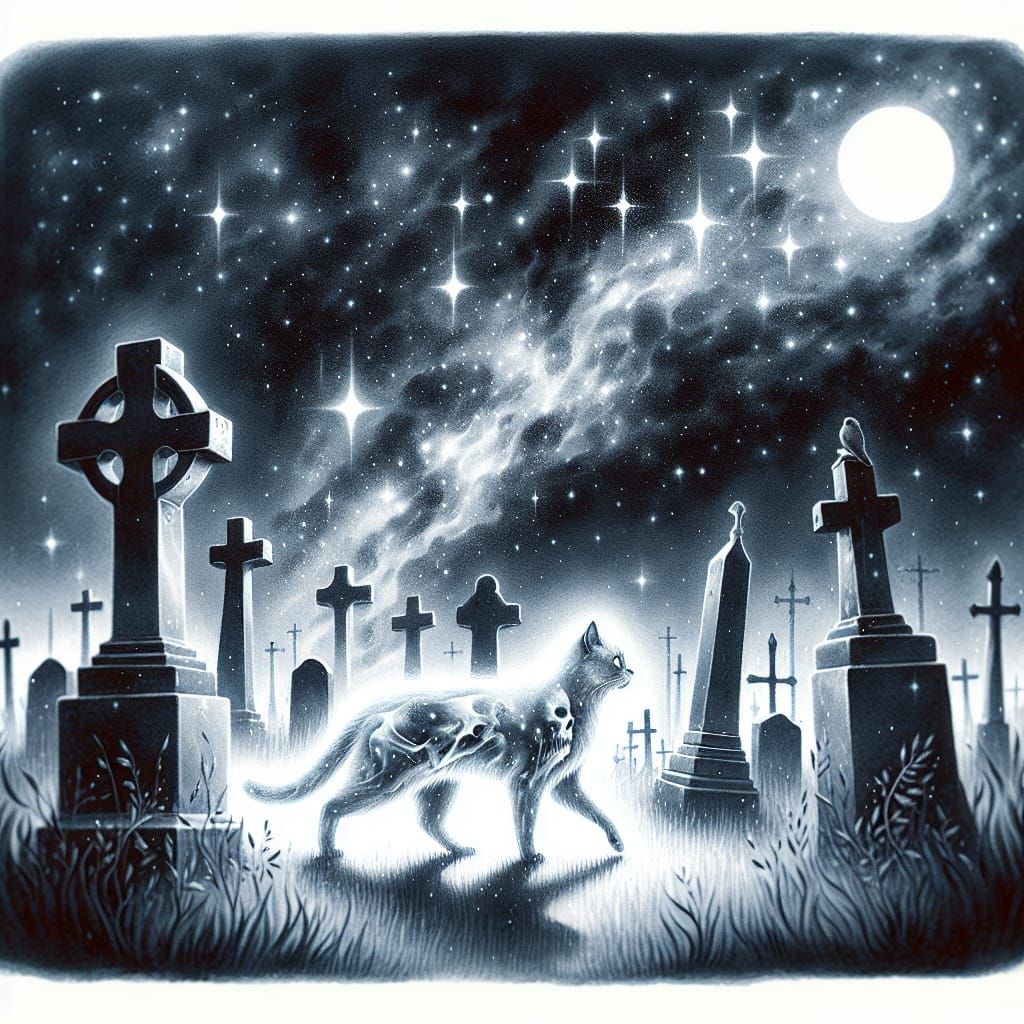 Ethereal Cat Prowls Graveyard in Moonlight: Gouache-Style Pa...