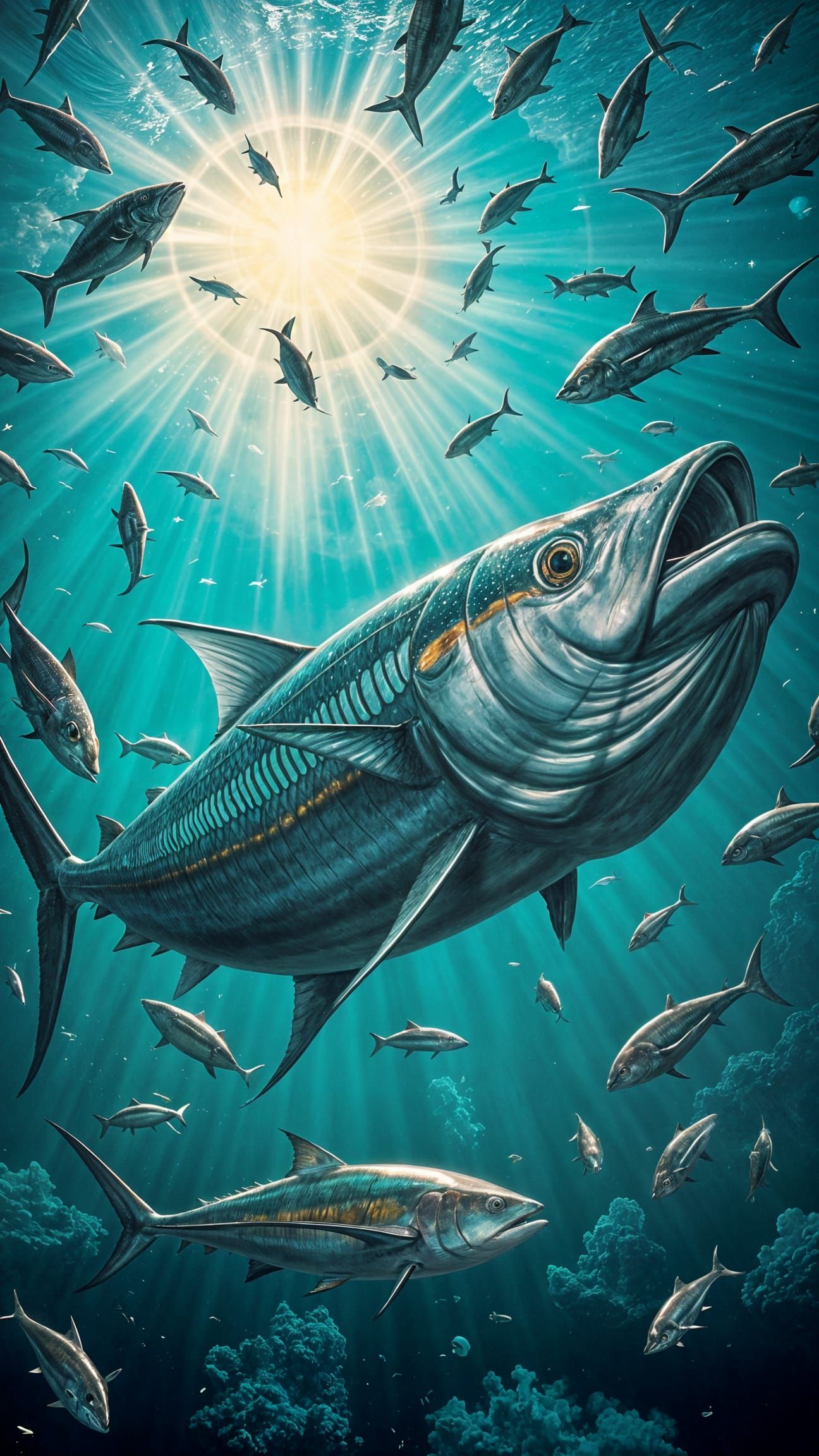 "A surreal depiction of a majestic tuna floating through a t...