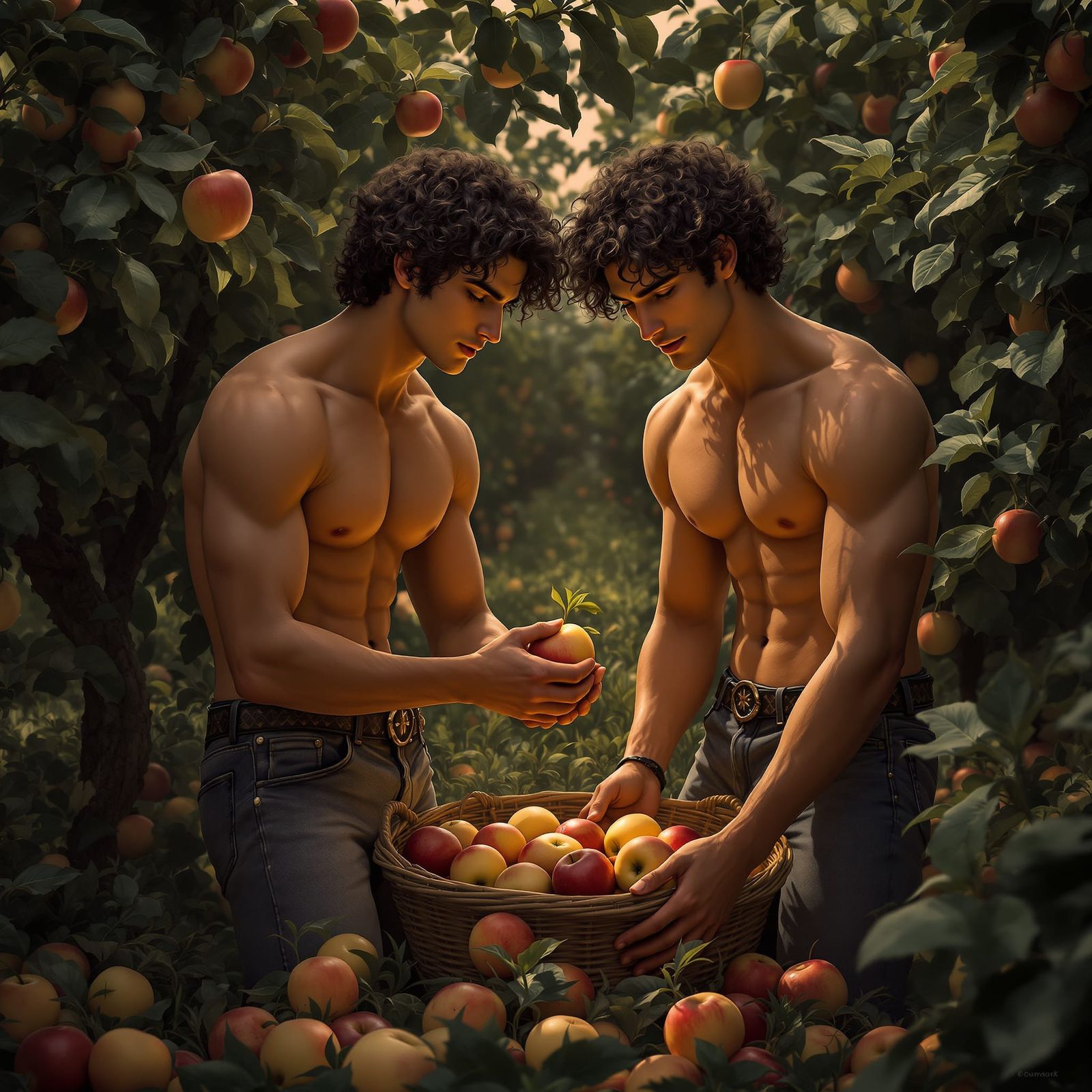 Italian Twins Gathering Apples in Dark Fantasy Orchard