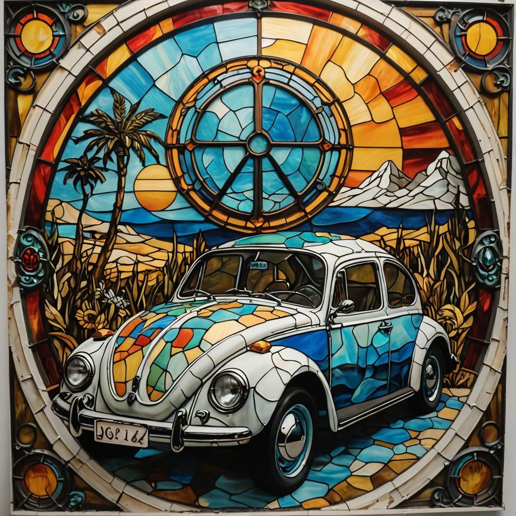 Surreal Stained Glass VW Beetle Art