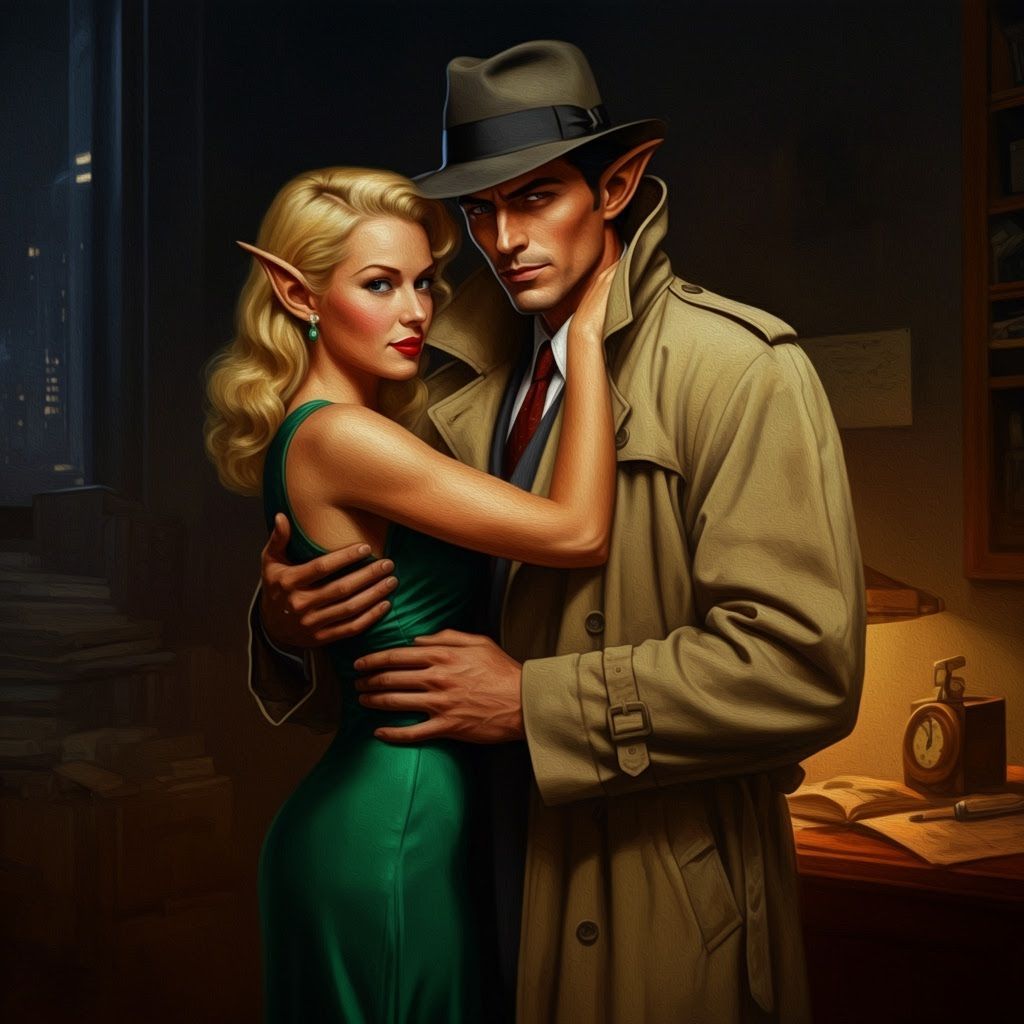 Elf Couple in Noir Office Oil Painting