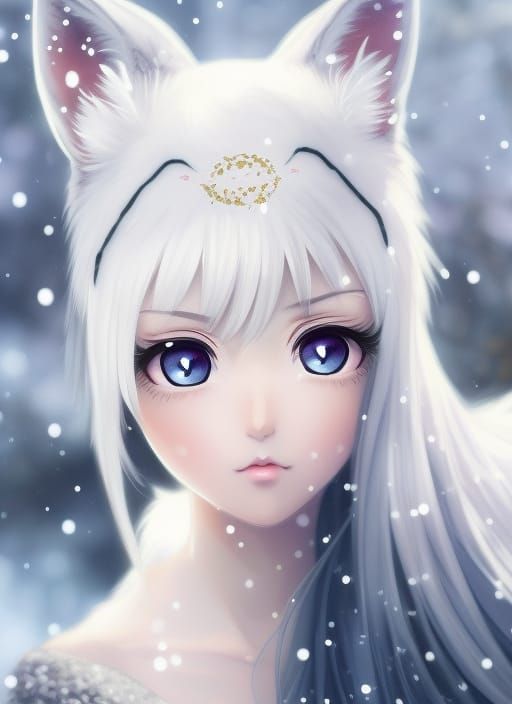 Kitsune, fox, fox girl, white fox, fox ears, anime, semi realistic, cute, kawaii, white eyelashes, mystical, magical, gl...