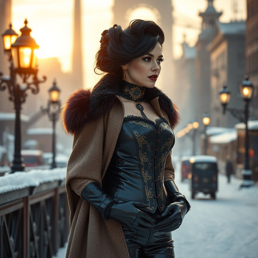 Steampunk Baroness in Snowy Victorian Cityscape