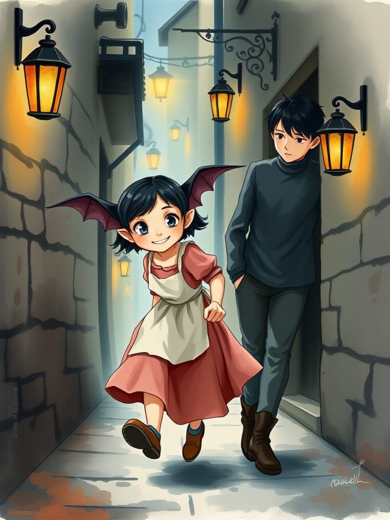 Whimsical Girl in Misty Alleyway Scene