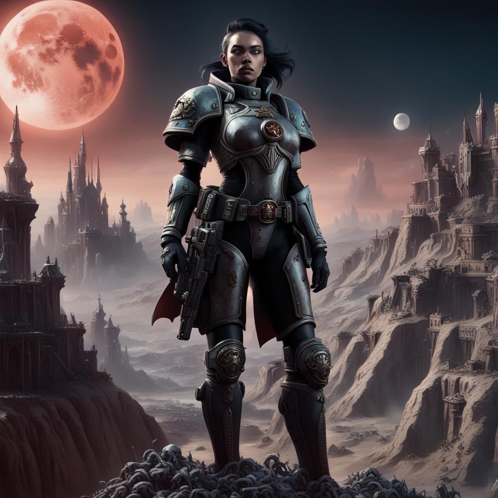 Imperial Guardswoman Victory in Warhammer 40K Universe