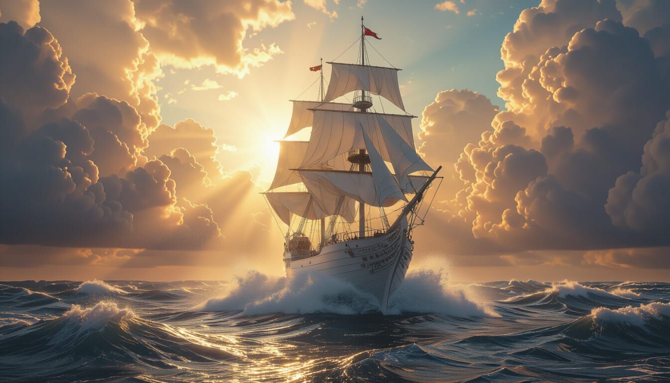 3D Metallic Sailing Ship in Dramatic Clouds