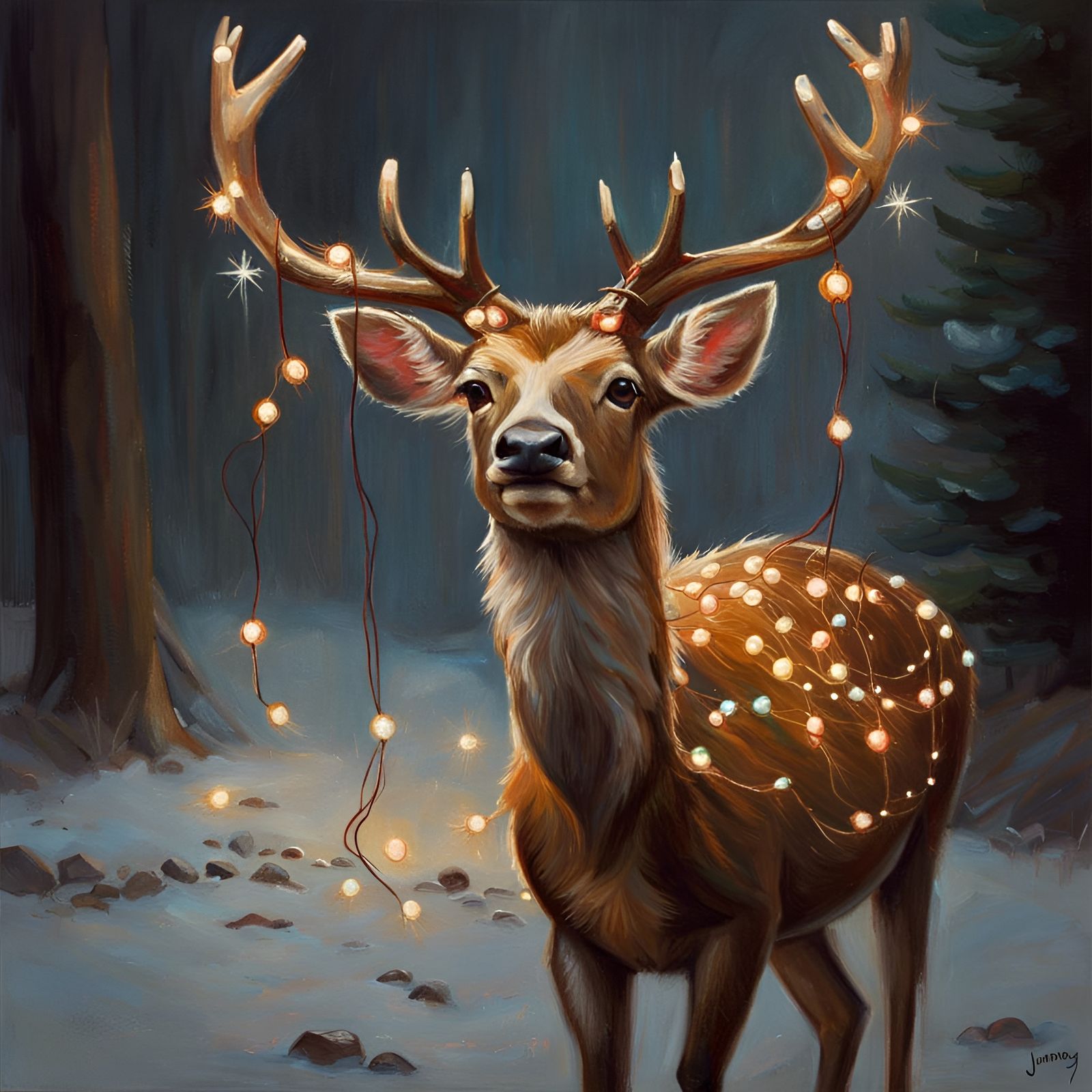 Deer with Christmas Lights, Detailed Oil Painting