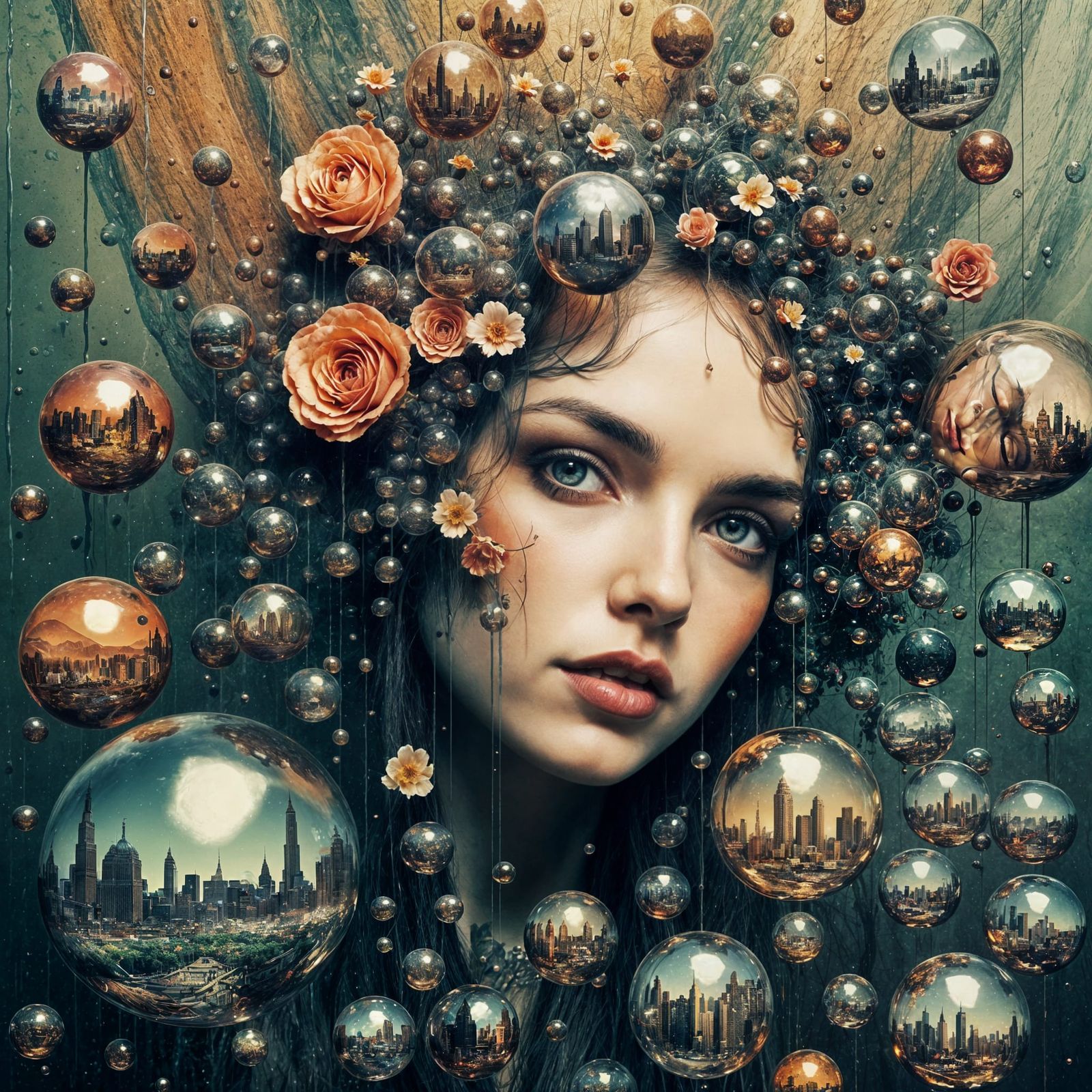 Surreal Double Exposure: Woman, Flowers, and Bubble City