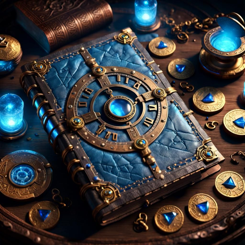 Ancient leather tome, cipher lock, runes on cover, magical g...