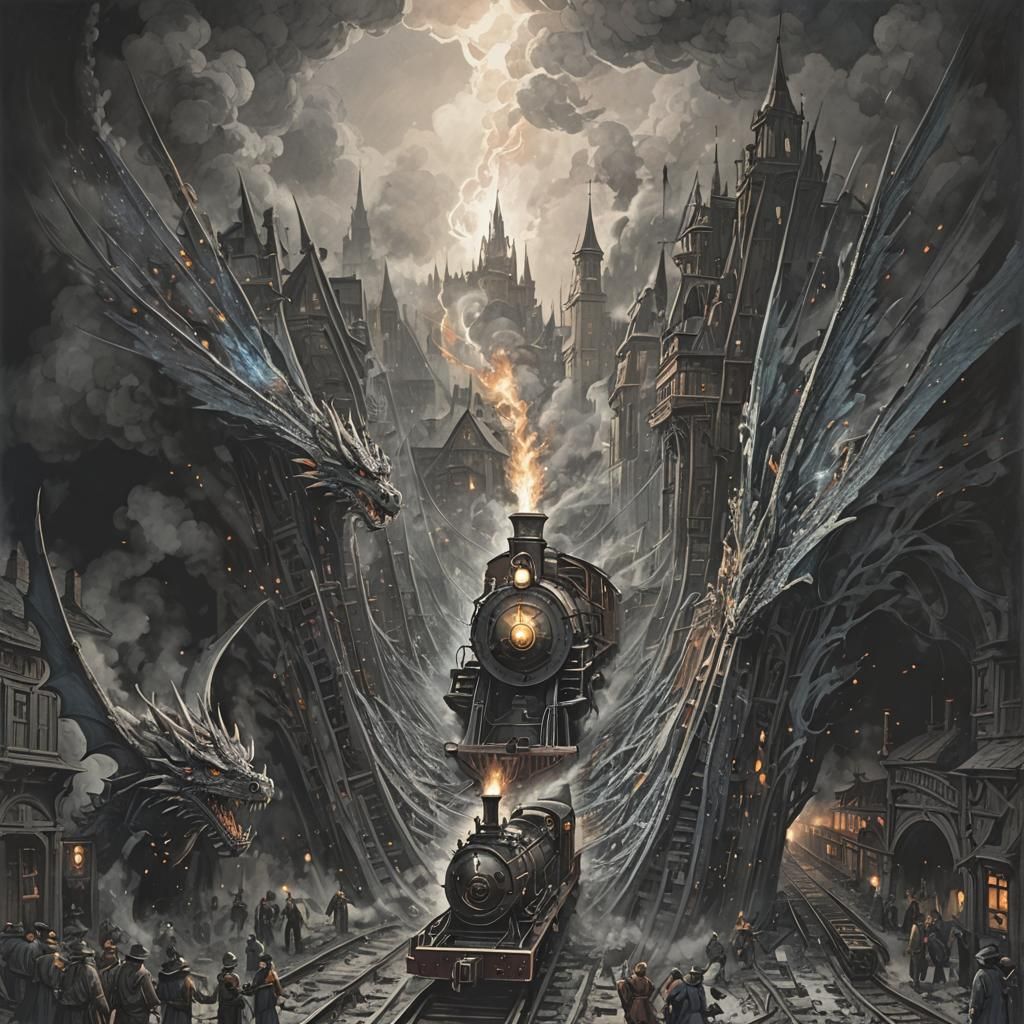 Dragon Escorting Train in Dark Fantasy Town