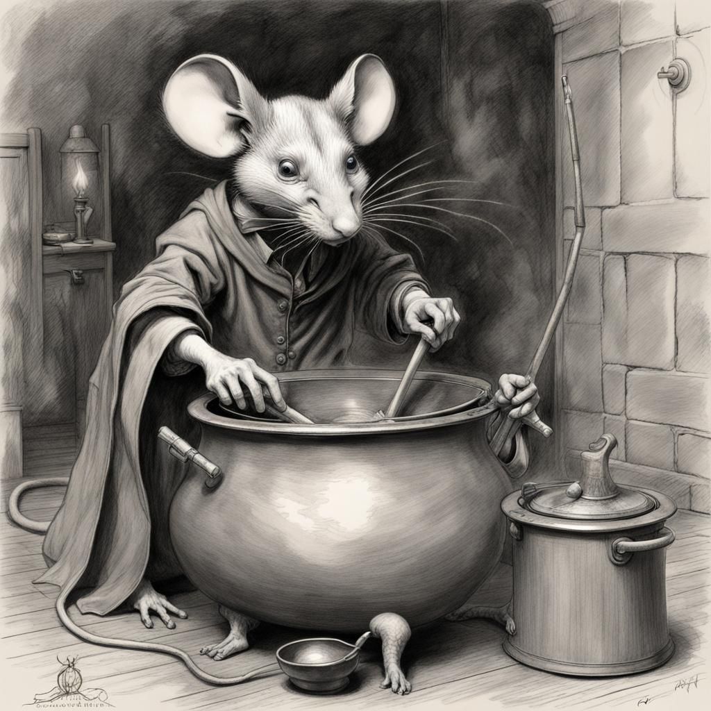 Mouse Witch Stirring Pot: Dark Academia Pencil Sketch