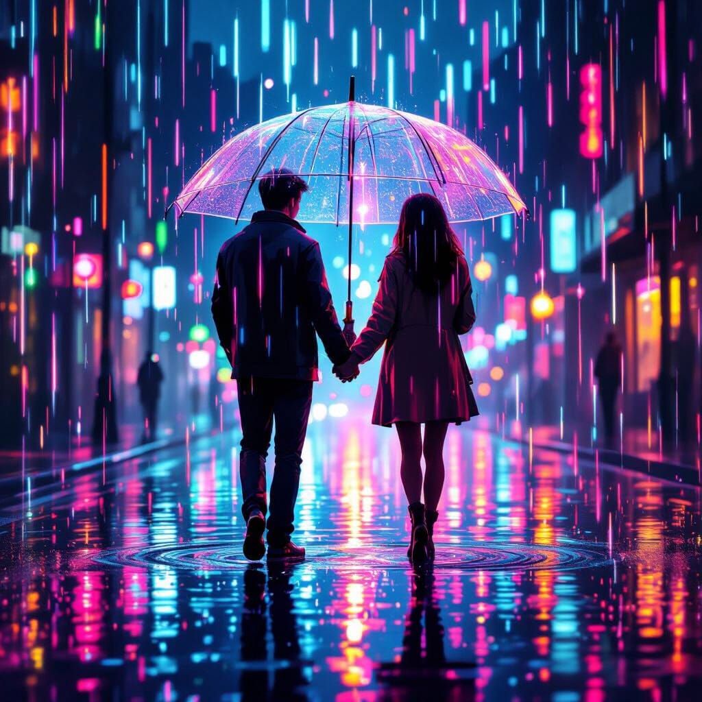 Loving Couple Under Neon Rain