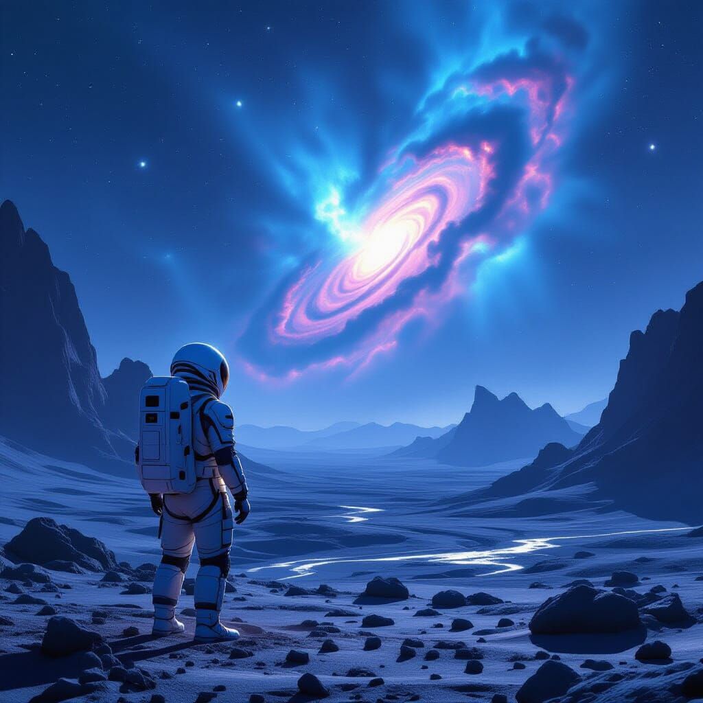 Astronaut Gazes at Alien Nebula in Cinematic Sci-Fi Scene