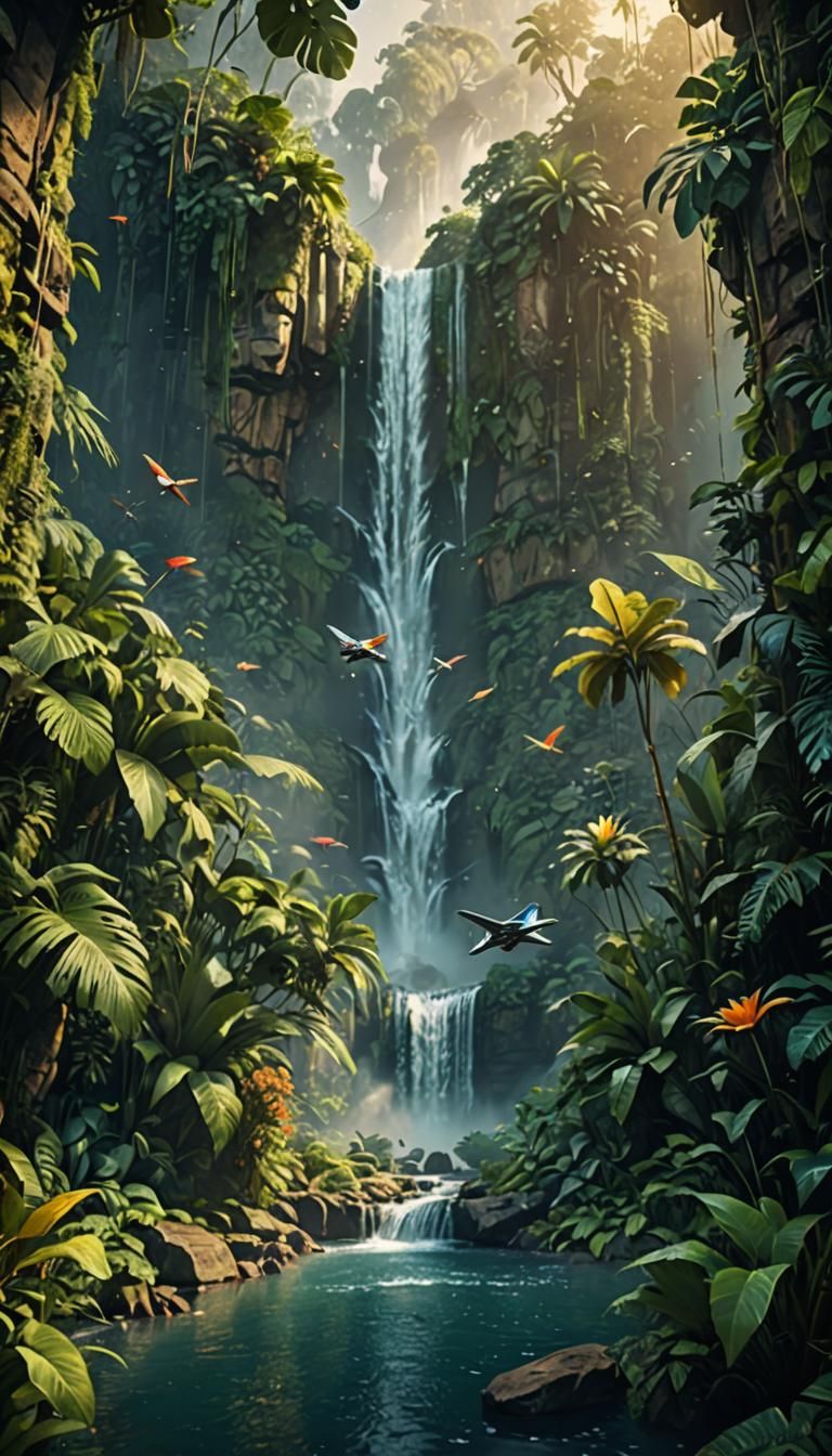 Paper Airplane Flies to Jungle Waterfall: Matte Painting