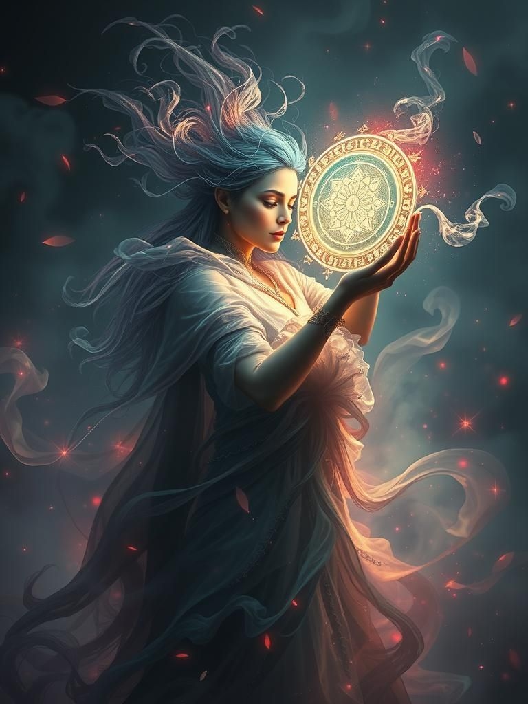Mystical Mist Mage Holding Magic Mirror