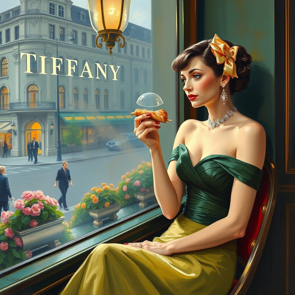 Elegant Woman Savoring Pastry by Tiffany's Window in Impress...