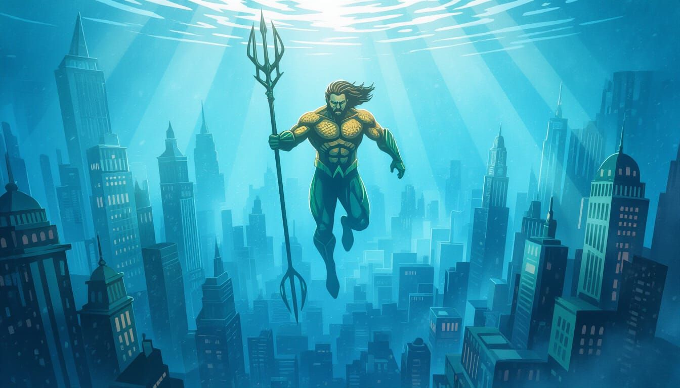 Aquaman Soaring Through Misty Underwater City