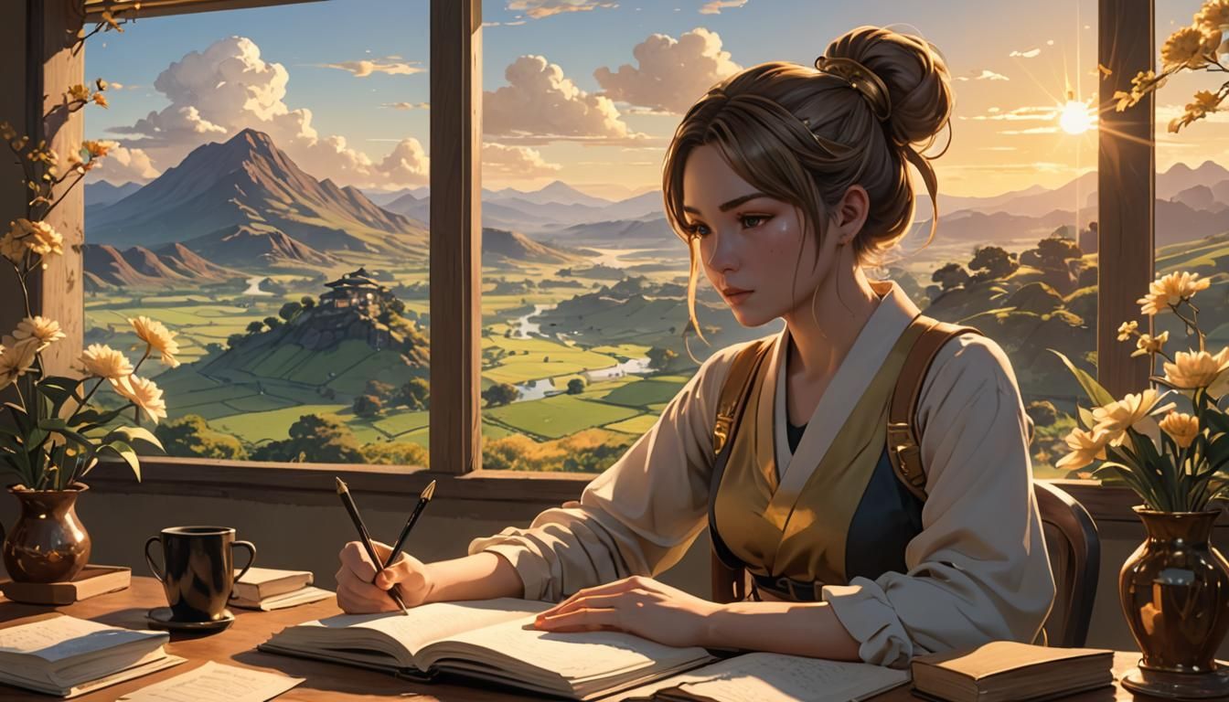 Jo March Writing in Journal in Anime Style