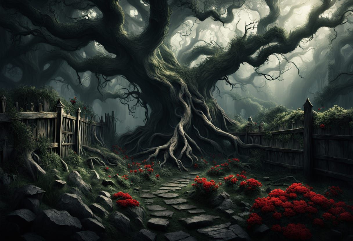 Surreal Landscape with Twisted Roots and Vibrant Flowers