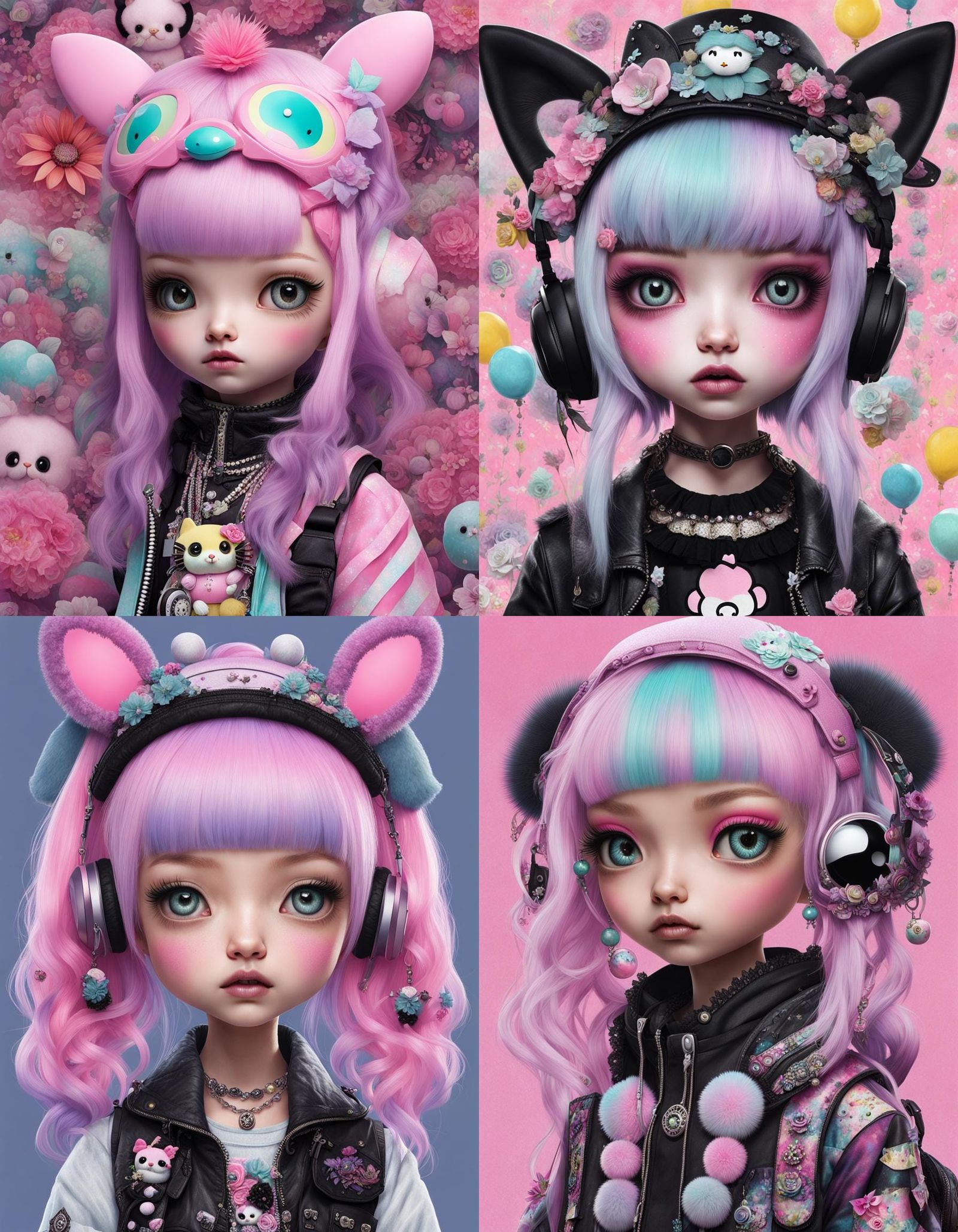 Pastel Goth Sanrio Creature in Mixed Media Collage