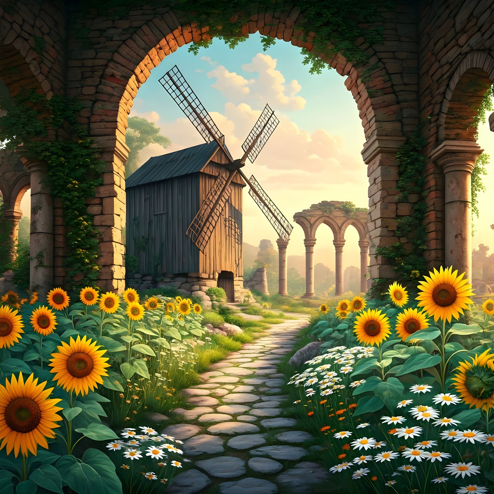 Ancient Ruins Bloom in a Field of Vibrant Flowers