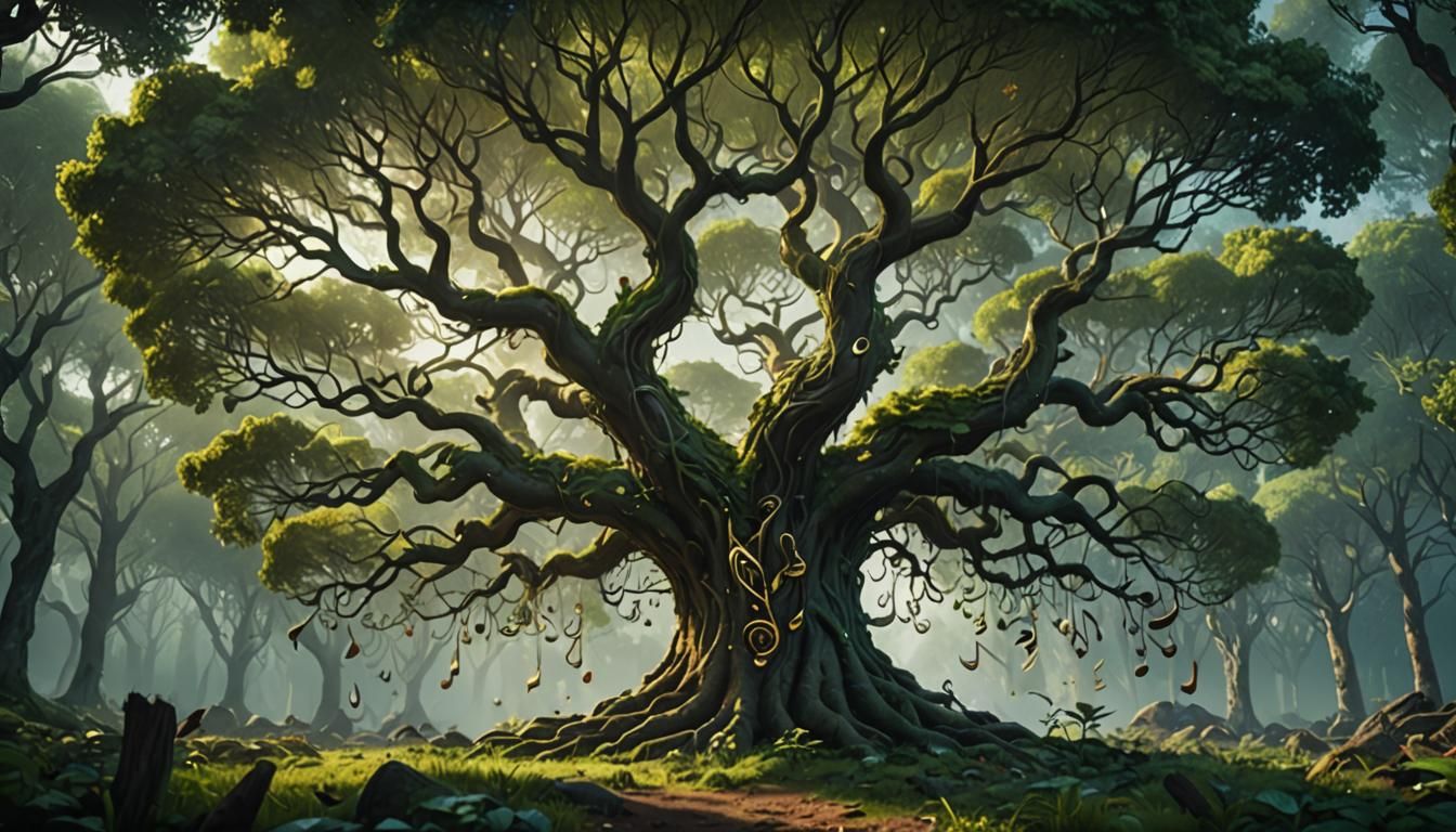 Musical Note Tree in Mystical Forest, Detailed Matte Paintin...
