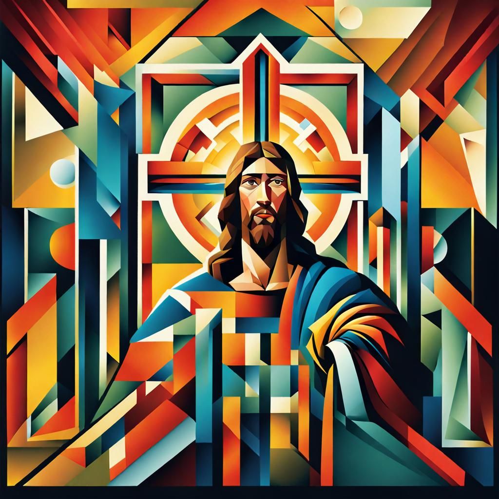 Cubist Depiction of Jesus Christ in Geometric Style