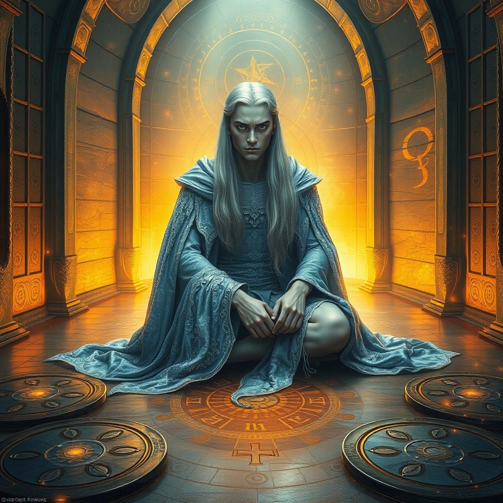 Enchanted Golden Sanctum with Majestic Silver Figure