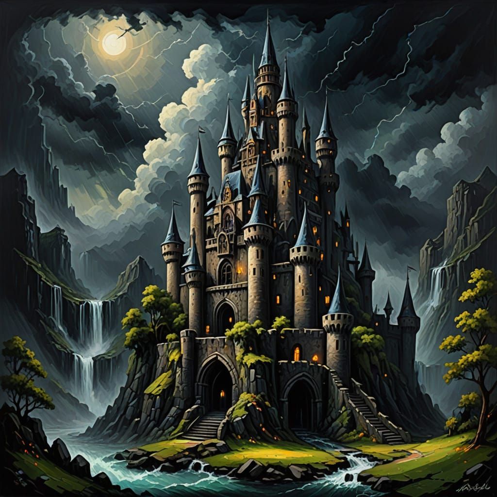 Majestic Ancient Castle Hallucination in Dark Impasto Style