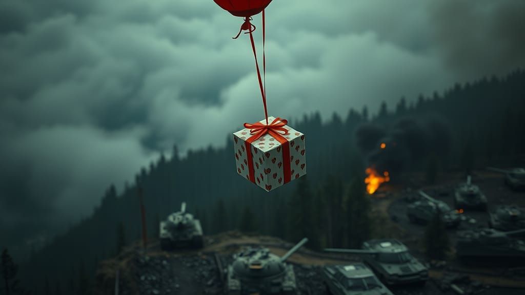 Gift Above War Landscape in Photorealistic Style