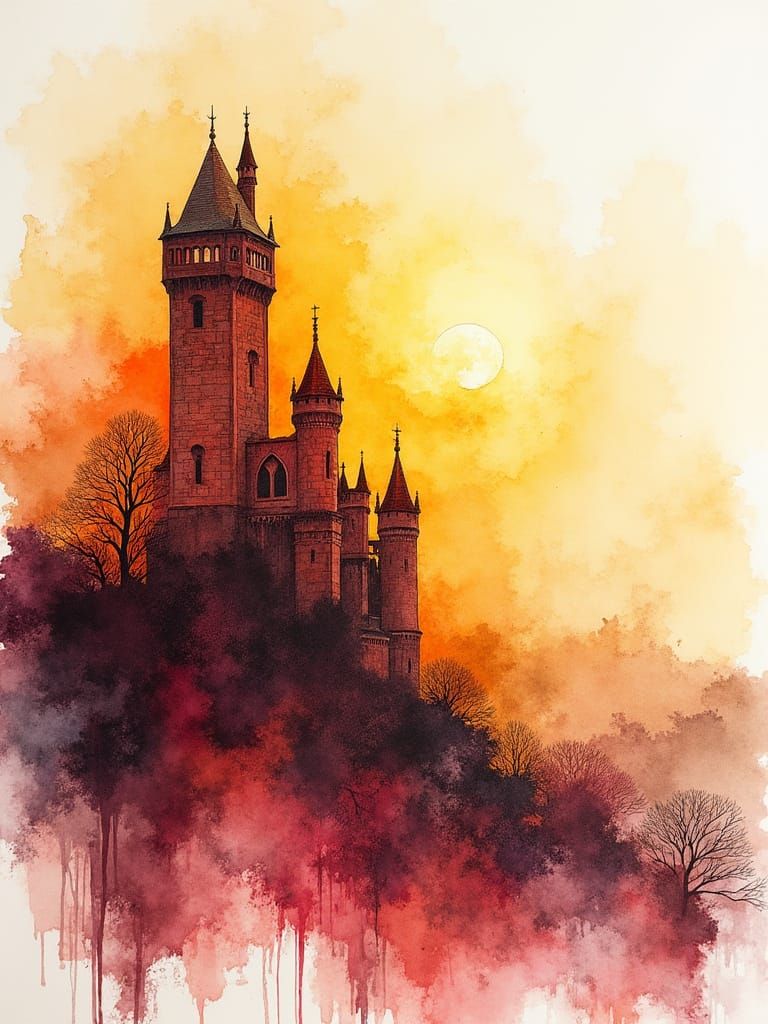 Horsley Towers: Ink and Watercolor Sunset
