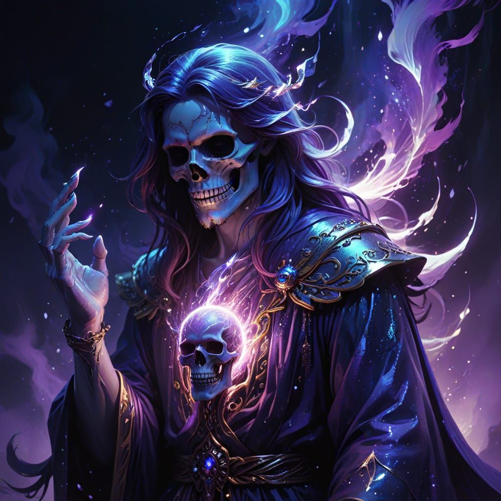 Mystical Necromancer Spirit Casts Magic on Glowing Skull in ...